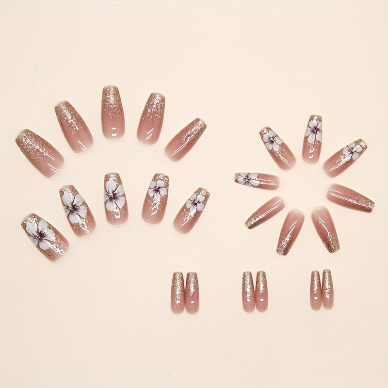 Nails
24pcs Camellia Press On Nails, Coffin Fake Nails Medium Length French Tips Acrylic Nails Exquisite Design Full Cover Glitter Sequins Stick On Nails False Nails With Glue Sticker And Nails File For Women