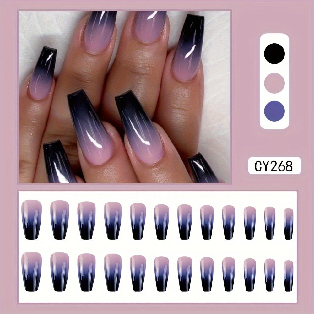 Nails
24Pcs/set Glossy Medium Long Coffin Fake Nails Purple And Black Gradient False Nail French Style Reusable Press On Nails