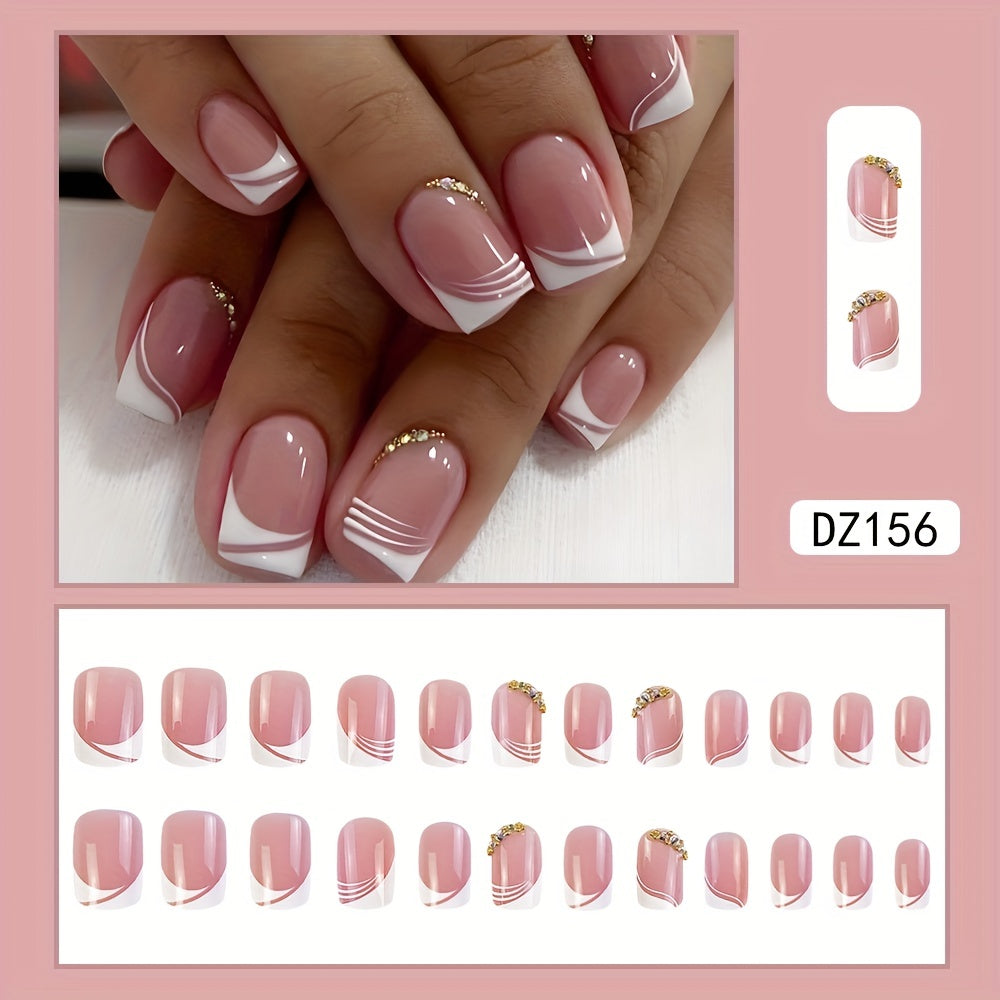 Nails
24pcs Glossy Pink Press On Nails with Rhinestone Accents and French White Edge Design - Full Coverage Fake Nails for Women and Girls