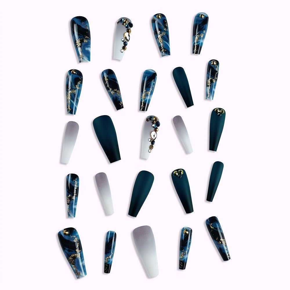 Nails
Long Marbled Fake Nails Rhinestone Coffin Dark Green Press-On Nails Acrylic False Nails With Glue Sticker (24pcs)