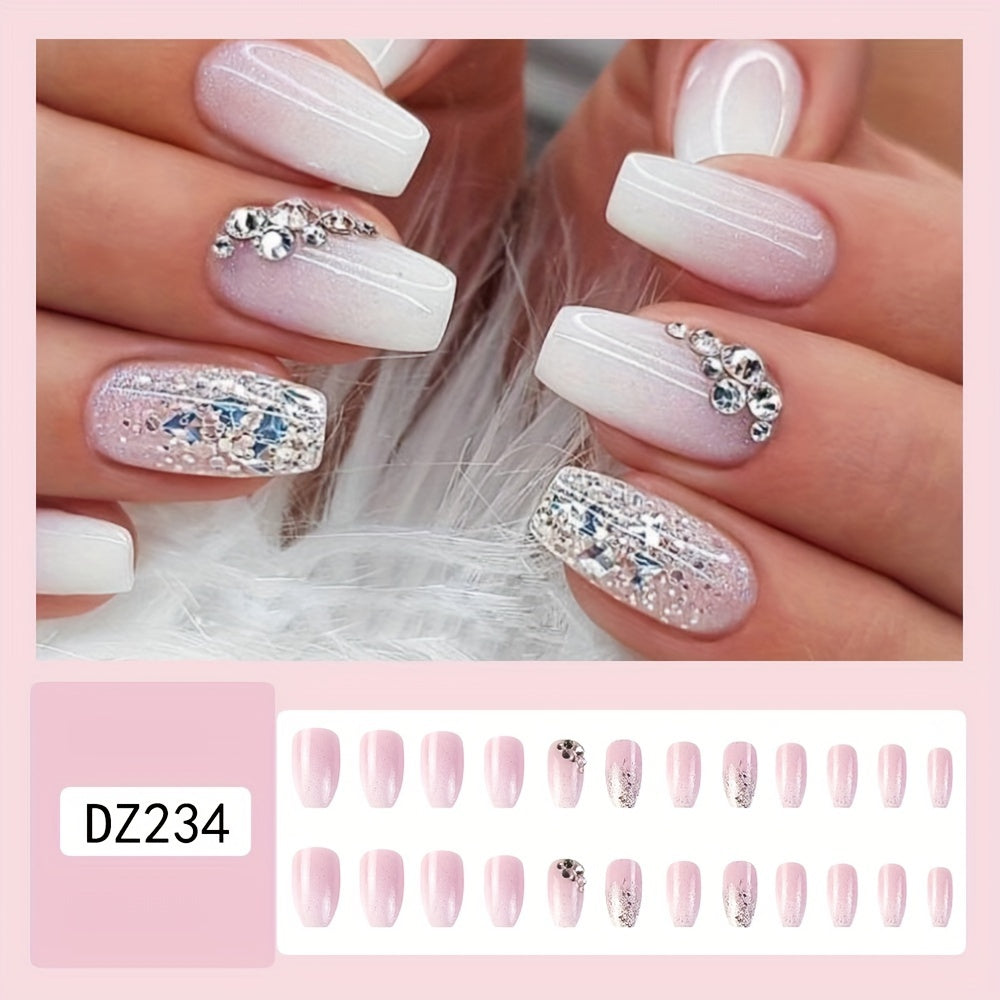 Nails
24Pcs/set Glossy Medium Ballerina Press On Nails Pinkish Gradient And Glitter Elegant Style Fake Nails With Rhinestone Design Shiny Artificial Reusable False Nails