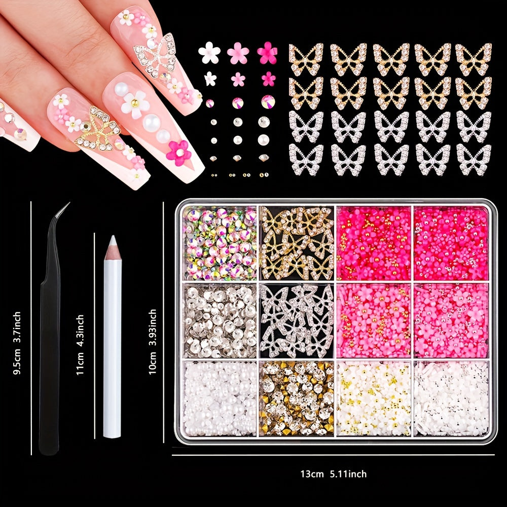 Nails
1200pcs 3D Nail Art Kit With Golden & Silvery Butterfly Charms, Flatback Crystals, Pearls, Rhinestones - Y2K Inspired Manicure Decorations Nail Charms And Accessories Nail Art Charms