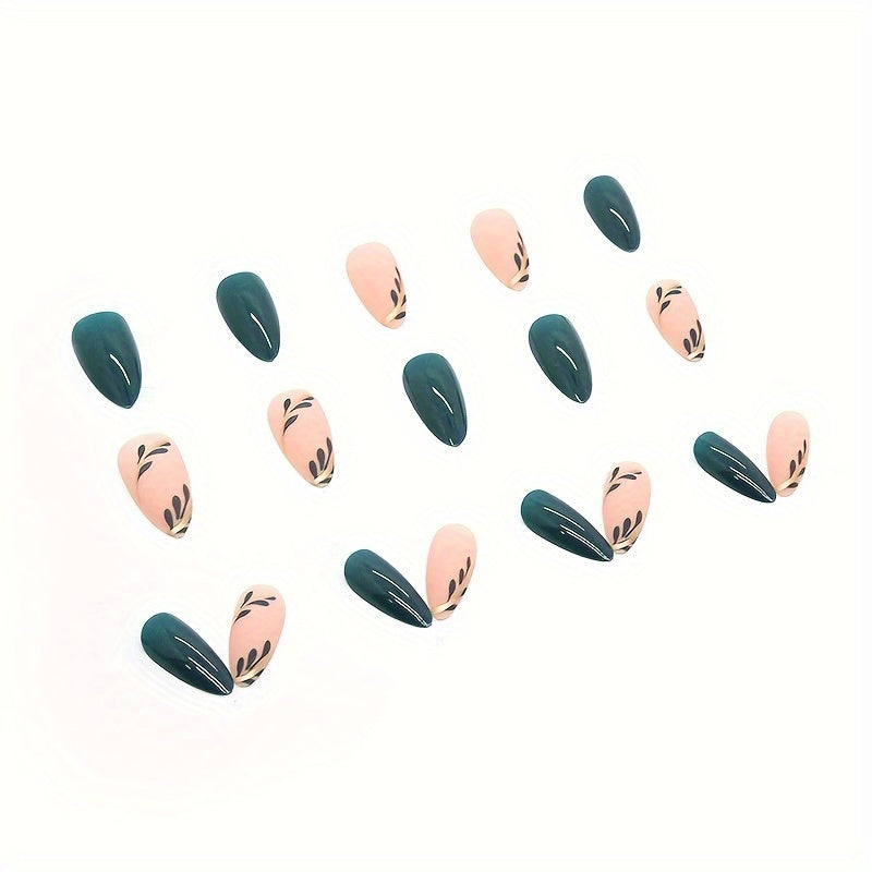 Nails
24pcs Glossy Medium Almond Fake Nails, Green Leaves And Golden Line With Design Press On Nails, Fresh False Nails For Women Girls Fall Nail Decoration